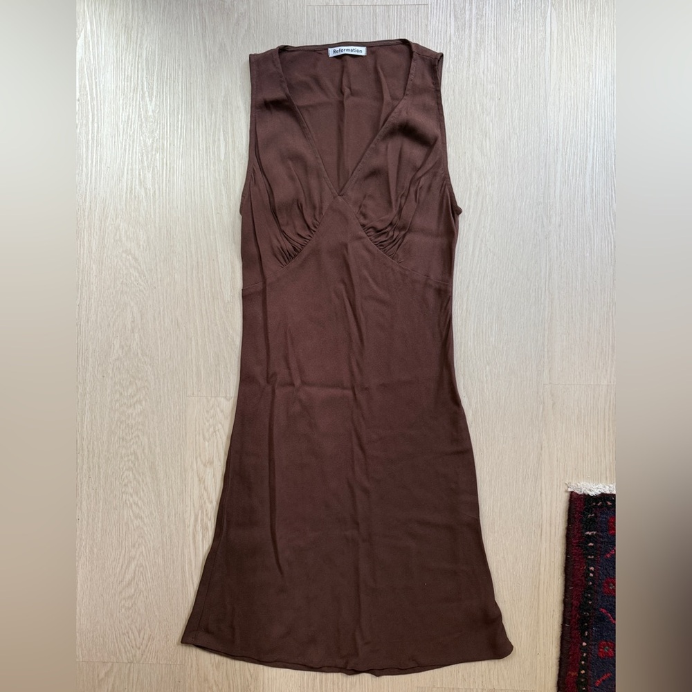 Reformation Calix V-Neck Mini Dress in Brown